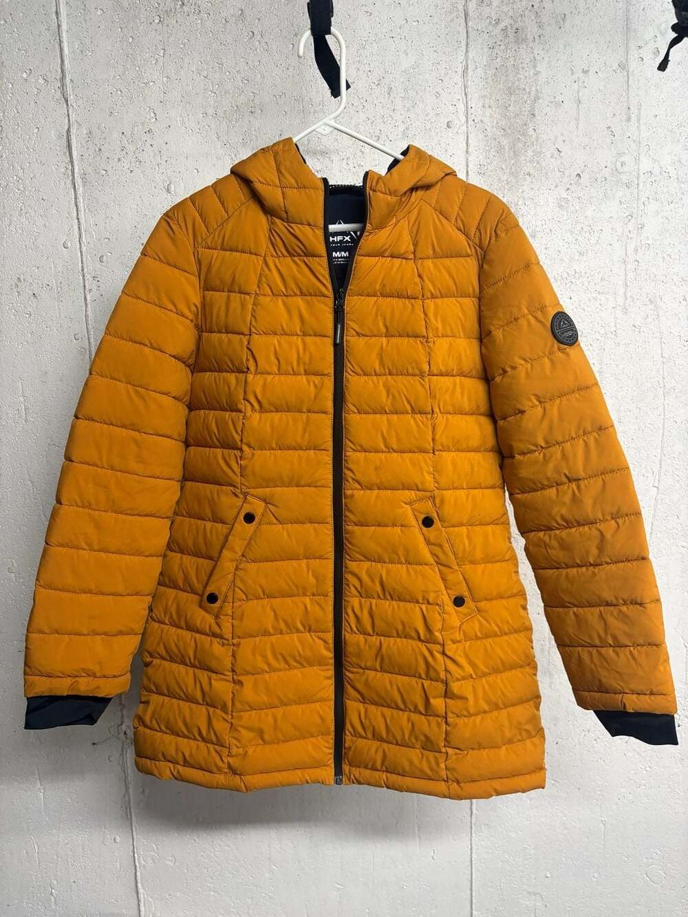 HFX Women's Hooded Lightweight Stretch Quilted Puffer Jacket in Mustard Yellow